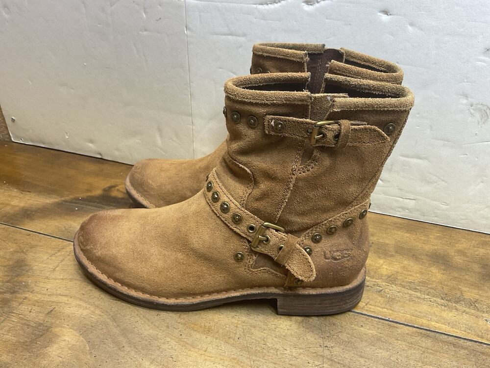 UGG Fabrizia Chestnut Suede 1003235 Leather Moto Boots Harness Studded 9.5